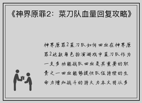 《神界原罪2：菜刀队血量回复攻略》